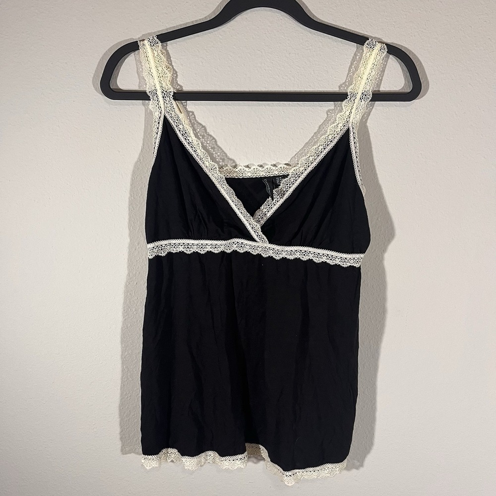 Cynthia Rowley Black & White Cami Tank Top Lace Edge Size M Adjustable Y2K